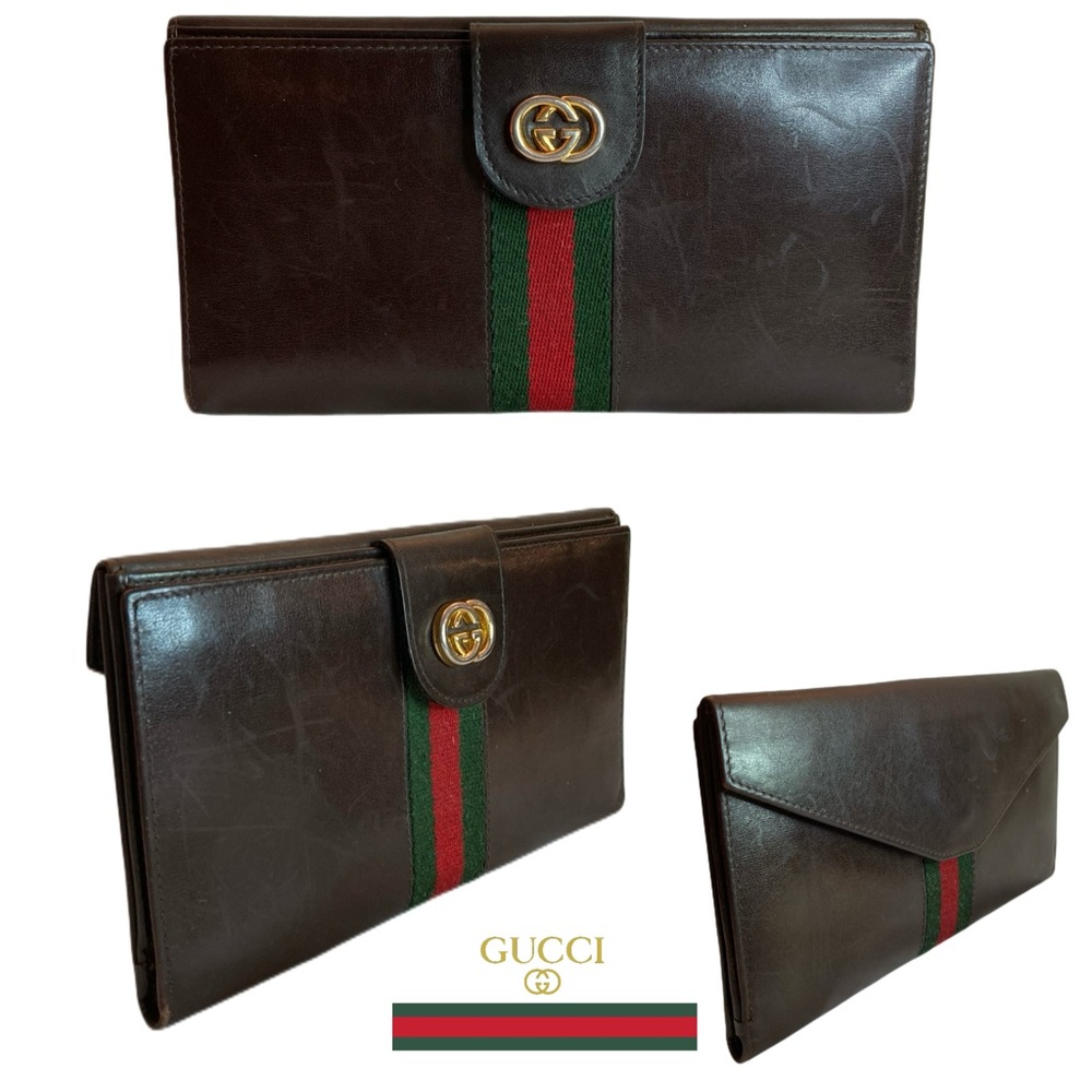 Gucci Vintage Sherry Line Double Sided Leather Wallet Dark Chocolate Brown